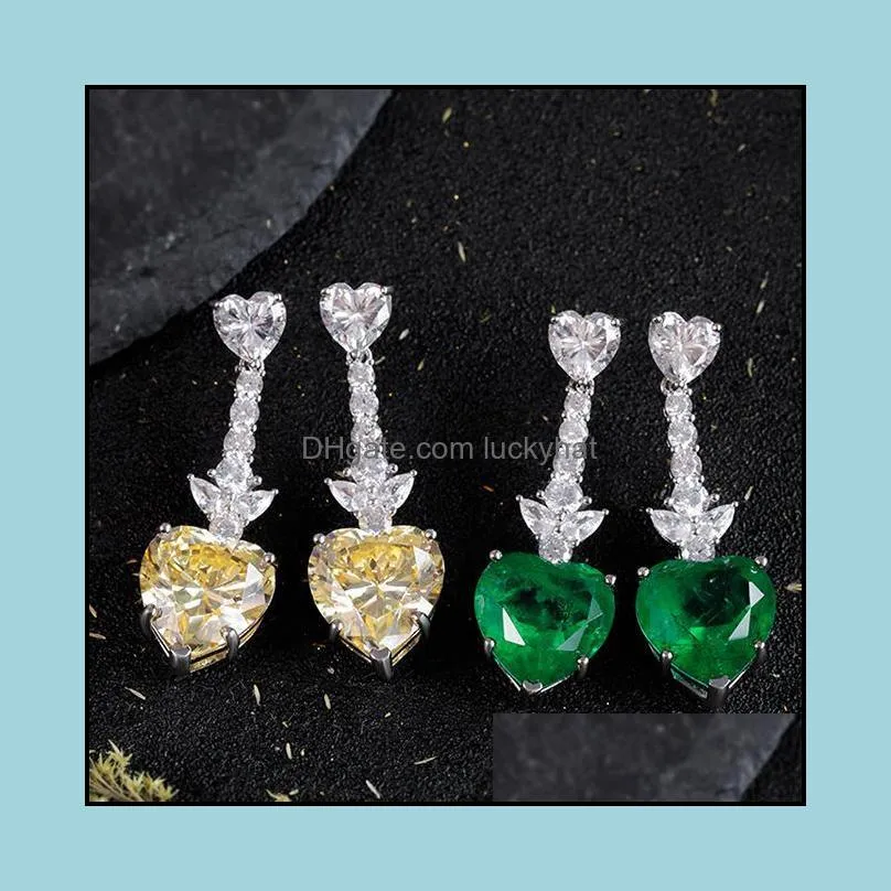 100% 925 sterling silver classic retro heart-shaped emerald yellow diamond earrings ladies engagement gift exquisite jewelry