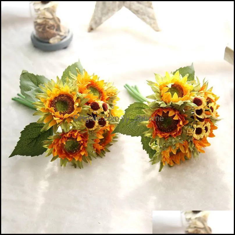 Little Sunflower Bouquet Posy Decorative Artificial Silk Flowers Wedding Flower Fake Plants Home Party Decor Wholesale