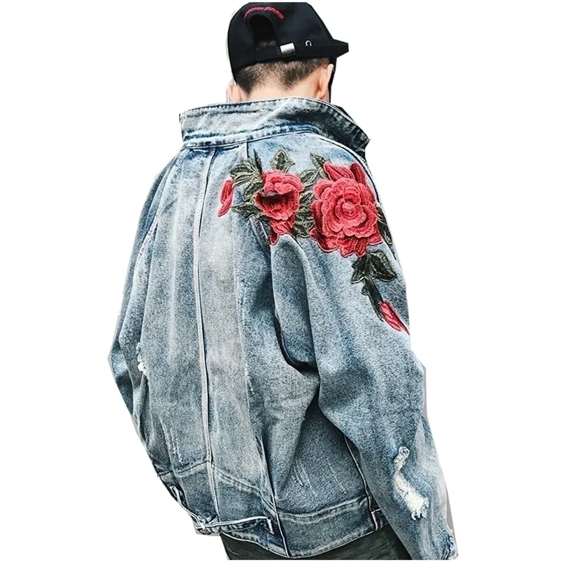Denim Rose Windbreaker Men Floral Embroidered Denim Coats And