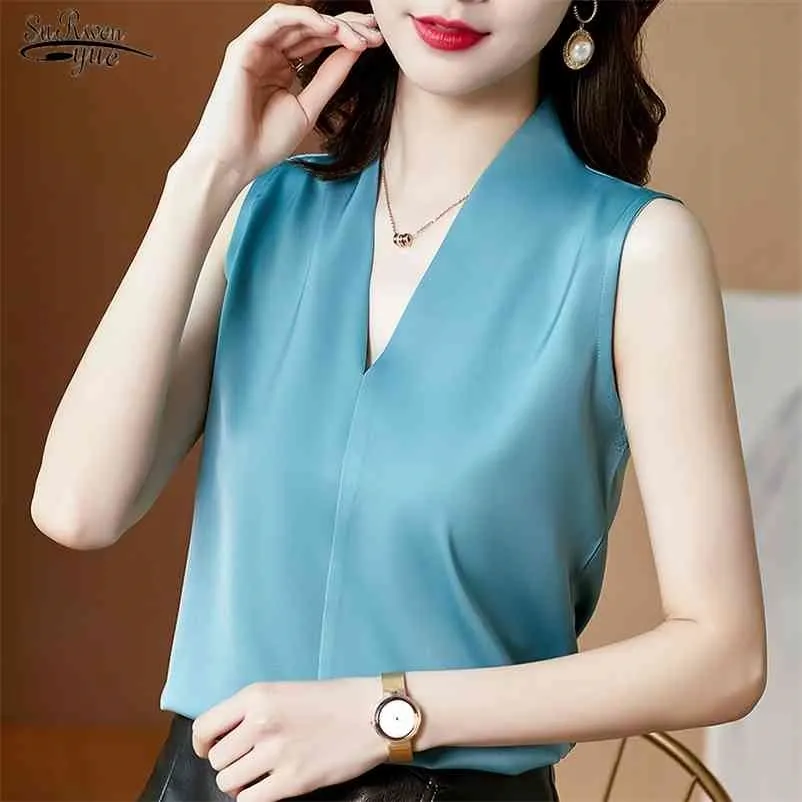 Summer Sleeveless Satin Women Blouse and Tops Casual Solid Color V Neck Fashion Clothing Plus Size Lady Shirts 13381 210510