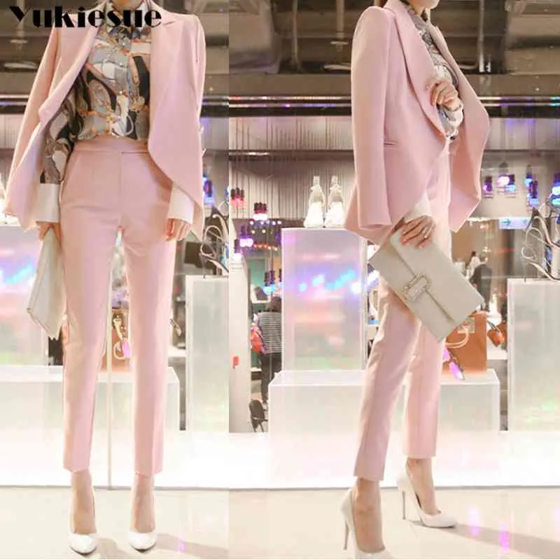 moda rosa 2 pezzi set per le donne tailleur pantalone singolo bottone dentellato blazer pantaloni a vita alta abbigliamento da lavoro casual abito da donna 210519