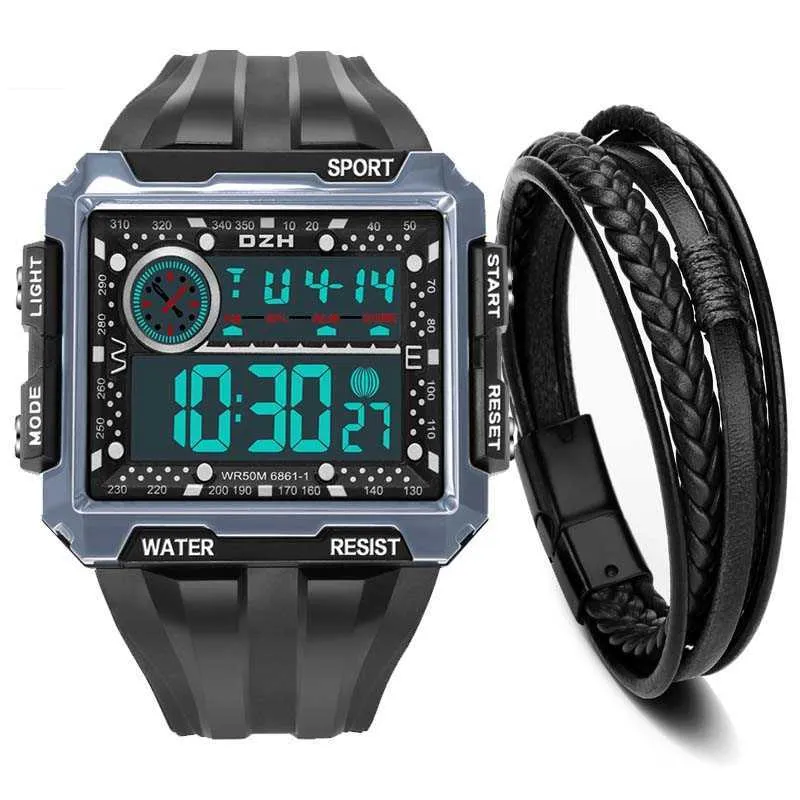 Nouveau produit carré grand écran affichage sport montre électronique hommes lumineux étanche multi-fonction Sports de plein air montre G1022