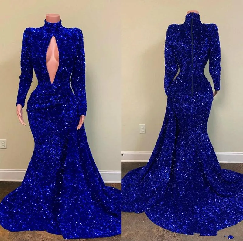 2021 Royal Blue Avondjurken Luxe Kralen Lovertjes Hoge Hals Sleutelgat Afrikaanse Sweep Train Mermaid Lange Mouw Prom Dress