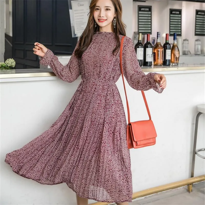 Casual Dresses Sommerkleid Eleganter O-Ausschnitt Blumendruck Frauen Volle Hülse Elastische Schlanke Taille Chiffon A-Linie Langes Vestido