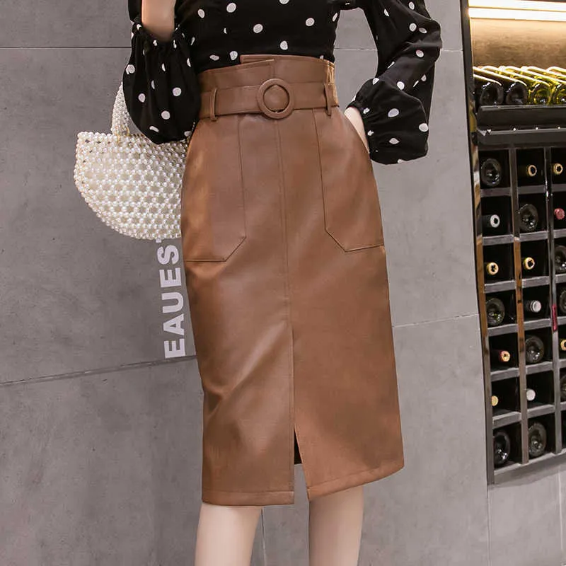 Neophil Vintage Winter Front Split PU-kunstleer Dames Midi Potlood Rokken Asymmetrische Hoge Taille Rok met Belt Pocket S9726 211119