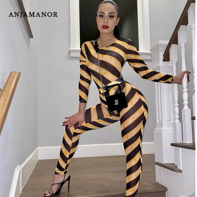 ANJAMANOR Letter Print Striped Mesh Sheer Sexy Two Piece Matching Sets Women Club Outfits Long Sleeve Bodysuit Leggings D37-AD15 T200810