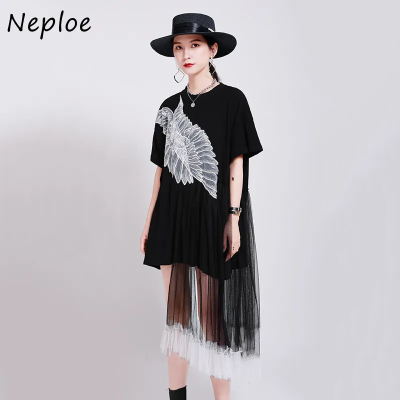 Neploe Women Dresses Summer New Fashion Patchwork Mesh Yarn Loose Vestidos Angel Wings Pattern Irregular Dress 82224 210423
