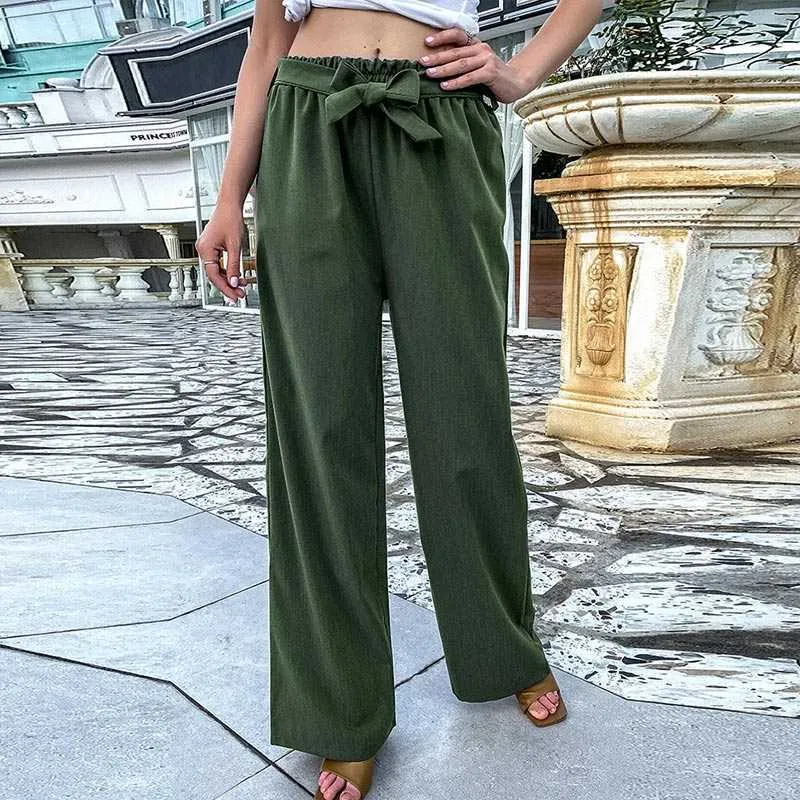 Casual Sólida Cintura Alta Cintura Lega Calças Verão Mulheres Adequado Calças Longo Calças Elegante Escritório Senhoras Rua Solta Pant 210709