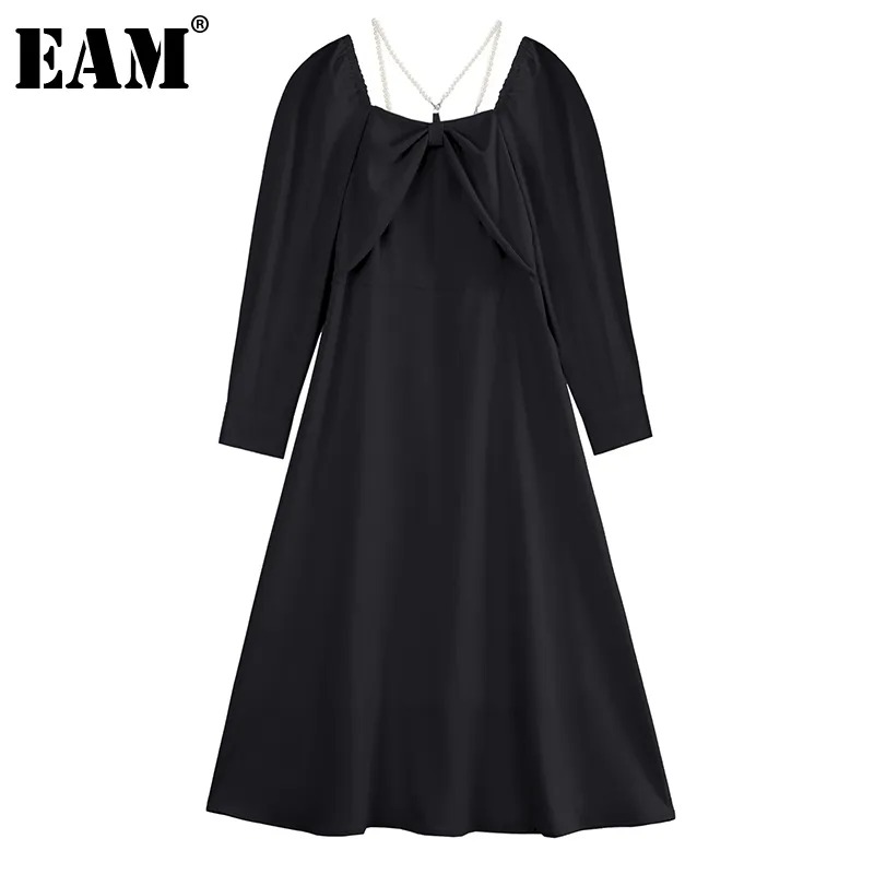 [EAM] Czarny łuk Łańcuch Perły Backless Kobiety Dress Square Długim Rękawem Loose Fit Fashion Wiosna Jesień 1DD7892 210512