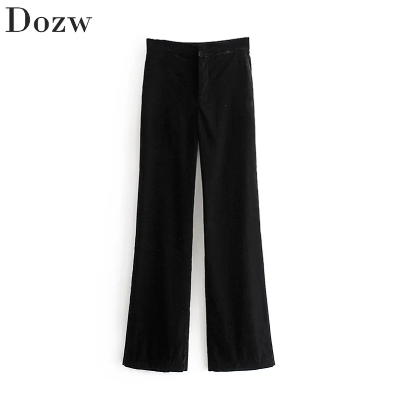 Pantalones de terciopelo negro para mujer, cintura elástica suelta, traje de piernas anchas, pantalones largos lisos rectos cálidos, pantalones largos para mujer 210515