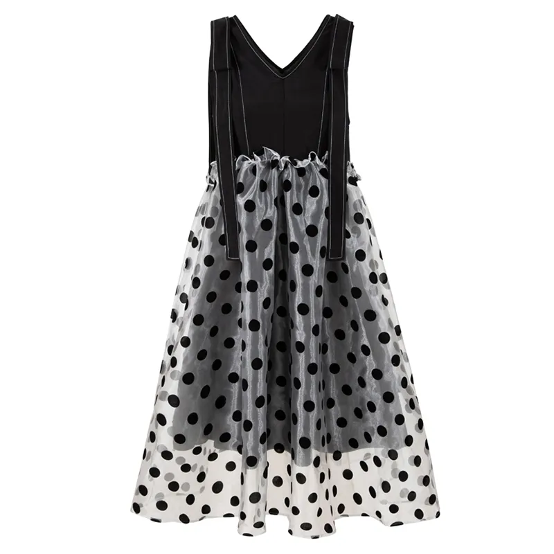 Noir Polka Dot Mesh Patchwork Une ligne Longueur genou Robe sans manches Réservoir V Col Zipper Élégant Été D1747 210514