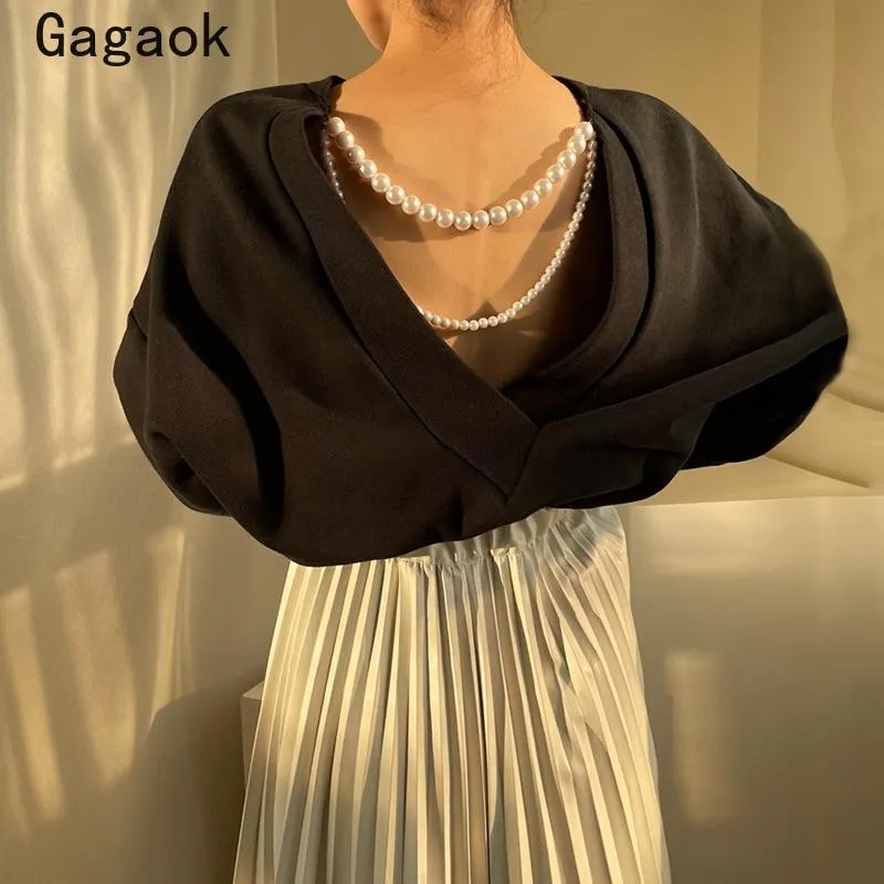 Gagaok Vrouwen Tweedelige Set 2021 Lente Herfst Koreaanse Chic Wild Mode Elegante Outfits Backless Hoodies + PU Midi Rokken Dames Trainingspakken
