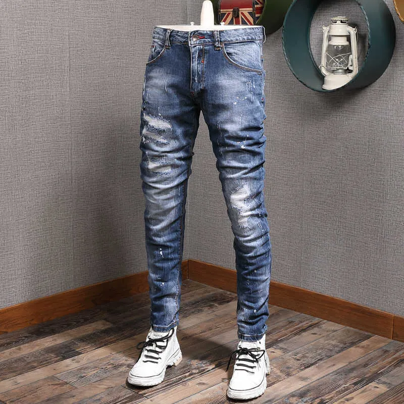 Italiano estilo moda homens jeans de alta qualidade algodão elástico magro encaixe rasgado para desenhista vintage calças denim hombre vk70