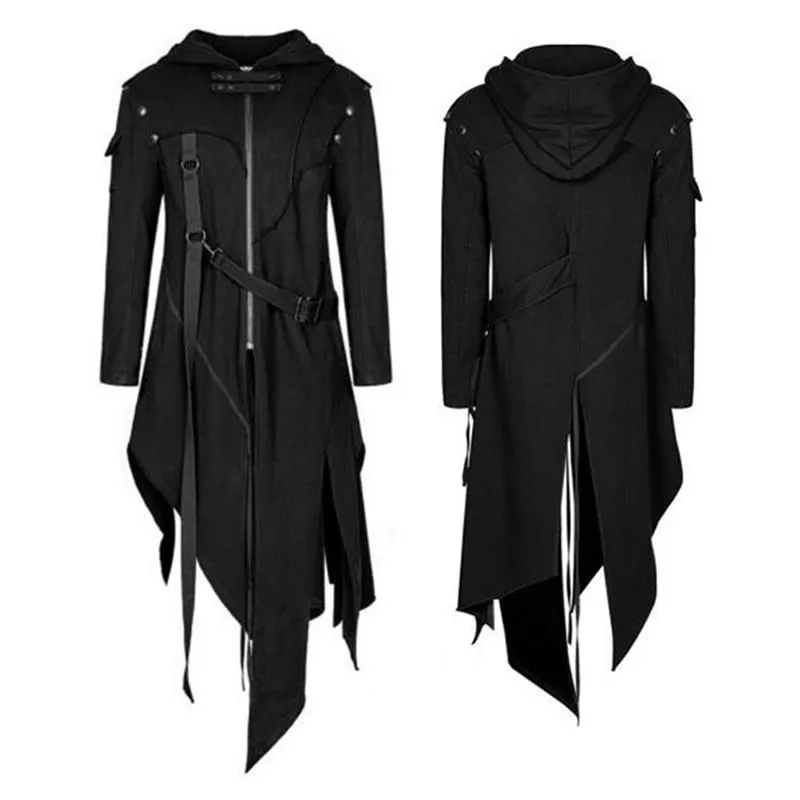 Casacos de Trench dos homens 2021 Cosplay medieval Costumes Gótico do Dia das Bruxas para Homens Vestido Bruxa Idade Média Renaissance Preto Cloak Roupas Com Capuz