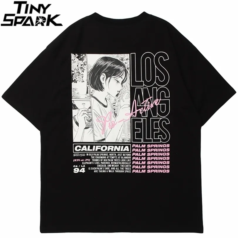 Men Streetwear Hip Hop Tshirt Anime Girl Smoking Letter Print T-shirt Harajuku Coton Summer Sleeve T-shirt Black 220309