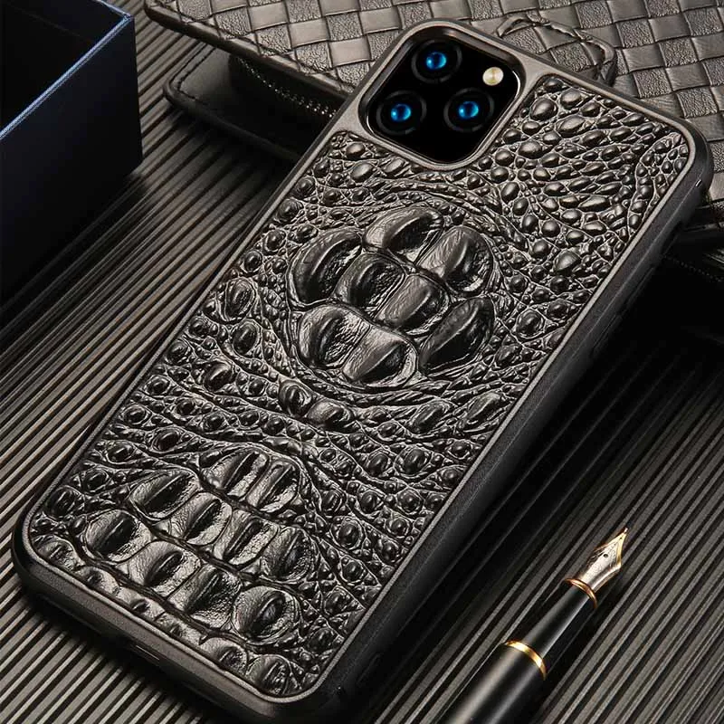 Étuis de téléphone portable en cuir de vache véritable 3D tête de Crocodile pour iPhone 12 Pro Mini 11 Max X XS XR 6 6s 7 8 plus