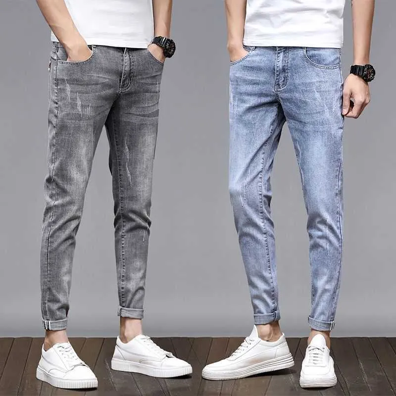 Jeans masculino verão fino com zíper botão esticado riscado casual calças cortadas amaciante algodão jeans calças lápis x0621