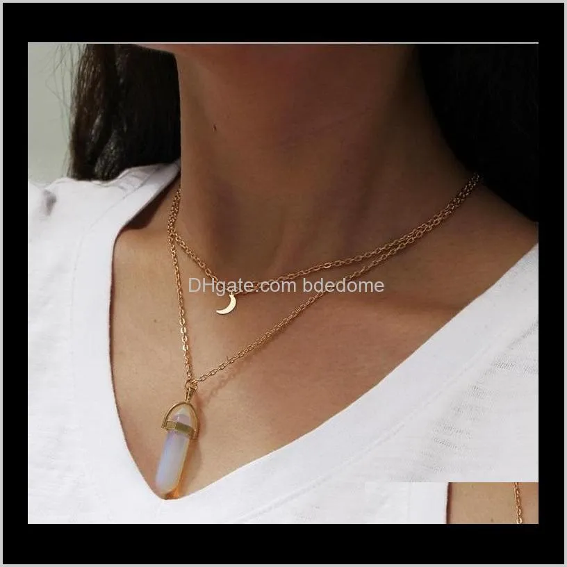 two layers necklace gold moon and color hexagon stone crystal prism pendant choose with plated metal chain fashion jewelry