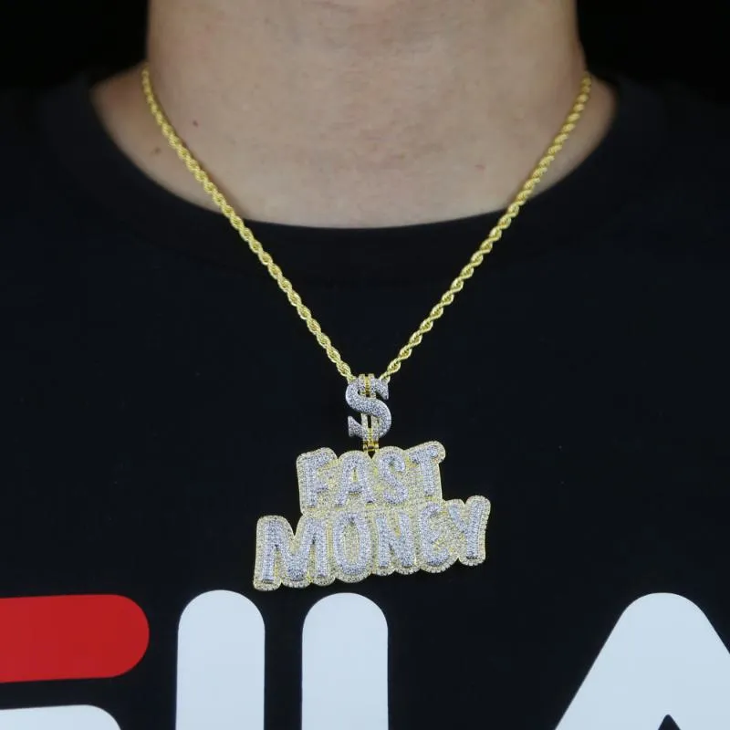 Ketten Große Große Buchstaben FAST MONEY Anhänger Mit Seil Kette Halsketten Für Männer Frauen Gold Farbe Kubikzircon Hip Hop schmuck