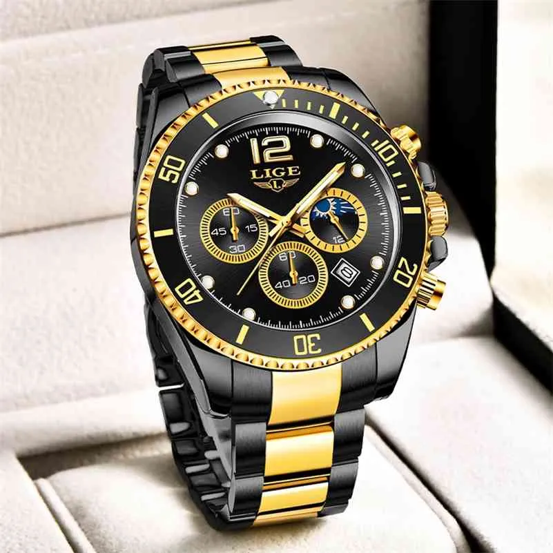 Lige Mens Klockor Mode Business Vattentät Quartz Armbandsur för Män Top Märke Luxury Rostfritt Stål Sport Klocka Man 210527