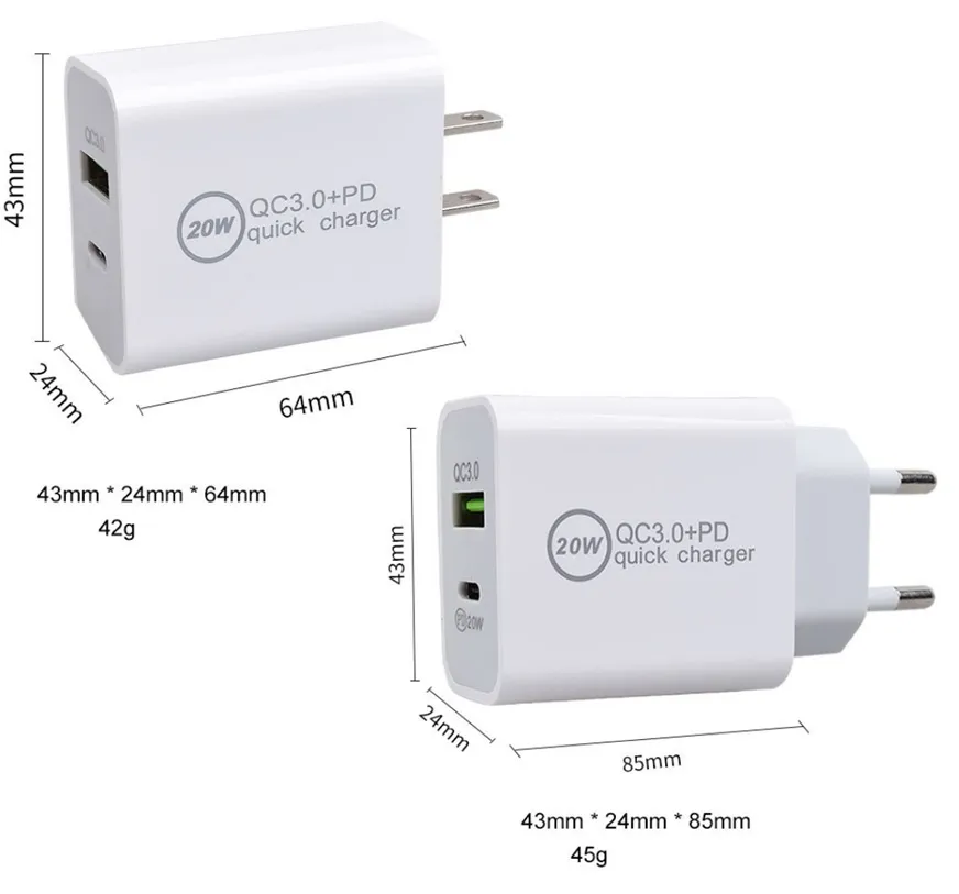 20W PD Type-C QC3.0 USB Fast Charger Phone US EU AU Plug Adaptor Wall Chargers For iPhone 12 Pro Samsung Oneplus HTC Xiaomi AFC FCP