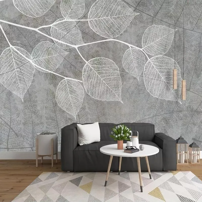 Wallpapers Benutzerdefinierte 3D-PO-Tapete Nordic Modern Handgemaltes graues Blatt-Wandbild Wandpapiere Wohnkultur Wohnzimmer Schlafzimmer Wandgemälde
