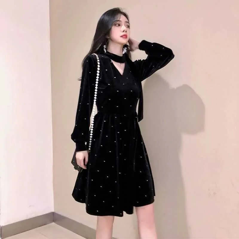 Elegante preto veludo veludo vestido fada vintage mulheres mini gótico inverno senhoras casamento roupas de festa 210604