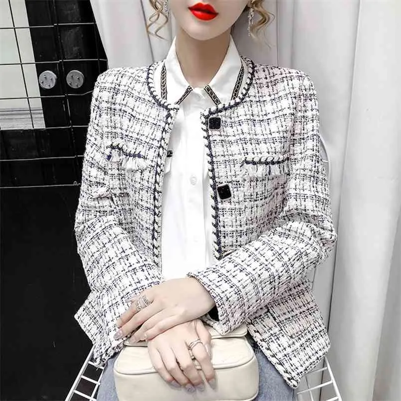 가을 겨울 트위드 코트 여성 빈티지 긴 소매 짧은 모직 자켓 여성 한국어 스타일 인 스트리트웨어 체크 무늬 outwear 상위 210514