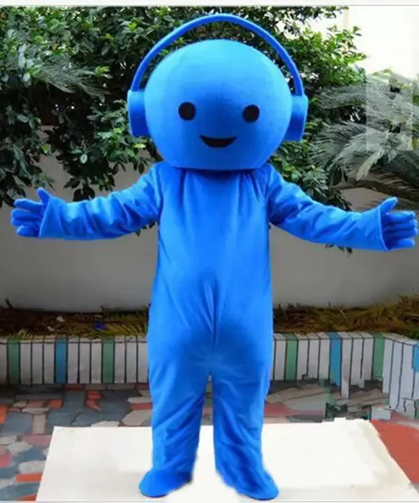 Alta Qualidade Azul Música Headset Mascote Traje Halloween Natal Cartoon Personagem Outfits Terno Publicidade Folhetos Clothings Carnaval Unisex Adultos Outfit