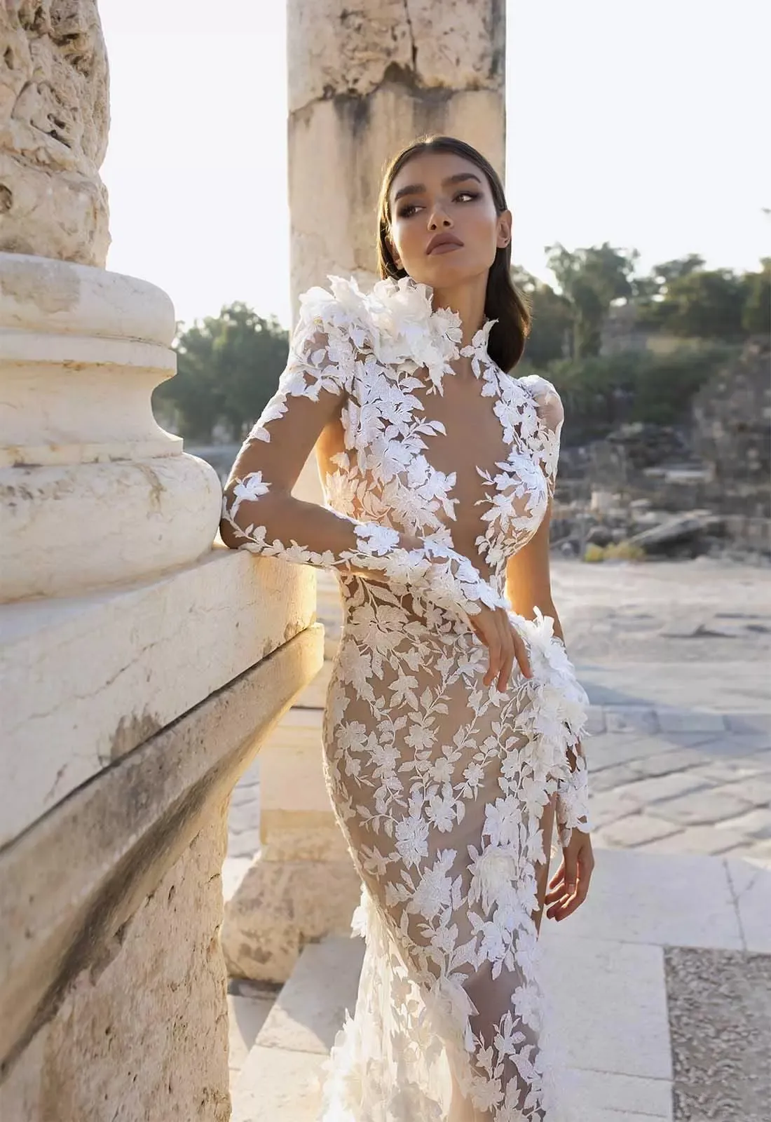 2022 Boho Trumpet Mermaid Lace Dress with Romantic Floral Lace, Long Sleeves, Side High Split, and Illusion Detail - Perfect for Beach Weddings and