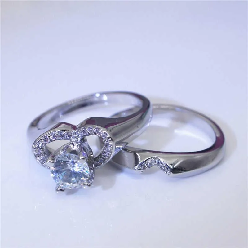Anneaux de mariage femme cristal blanc anneau ensemble luxe en forme de coeur promesse fiançailles mariée pour Couple cadeau