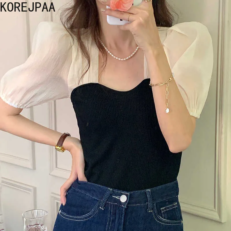 Korejpaa femmes T-Shirt été coréen rétro col carré Hit couleur couture minceur manches bouffantes faux deux pièces pull 210526
