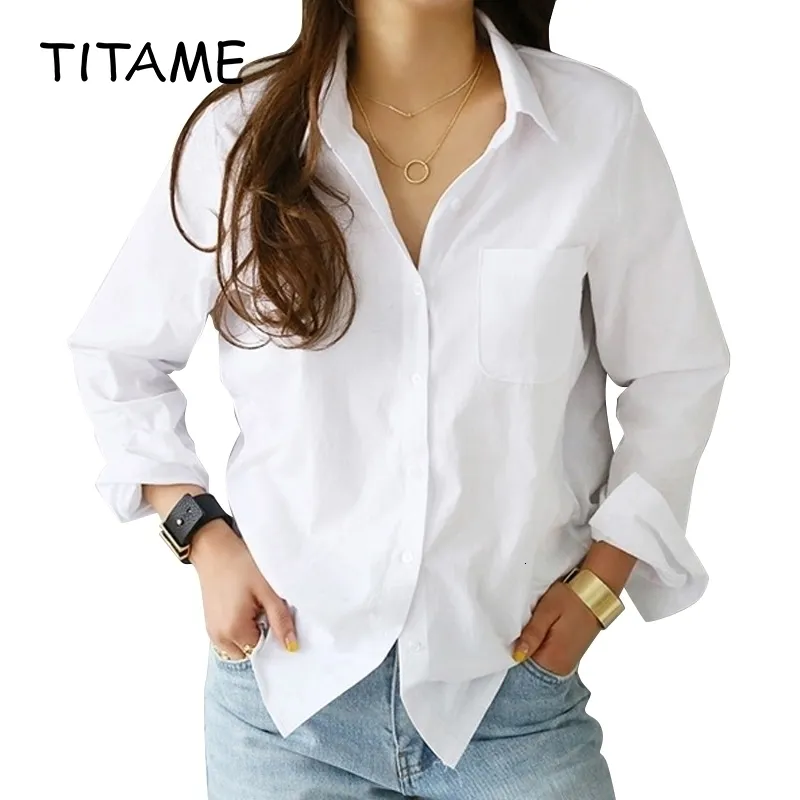 TITAME Shirts Blouses Women Fashion Casual Tops Female Turn-Down Collar White Loose Long Sleeve Blouse Ol Style Shirt Simple Top 210317