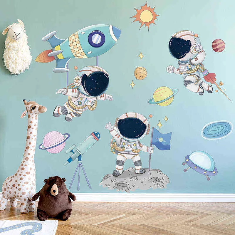 Spazio Astronauta Adesivi murali per la camera dei bambini Decorazione della parete della scuola materna Rimovibile Vinile PVC Cartoon Decalcomanie da muro Decorazioni per la casa 211112