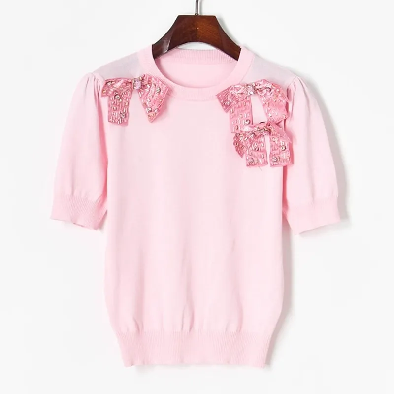 Söt färsk båge pärlor rosa tunna pullovers kvinnor elegant puff ärm sommar tröja mode kontor dam kvinna toppar 210525