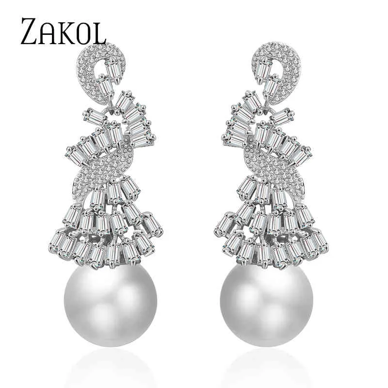 Zakol mais novo luxo imitação pérola completa cúbica zirconia statment droping brinco moda cz mulheres de noivado casamento festa de casamento jóias