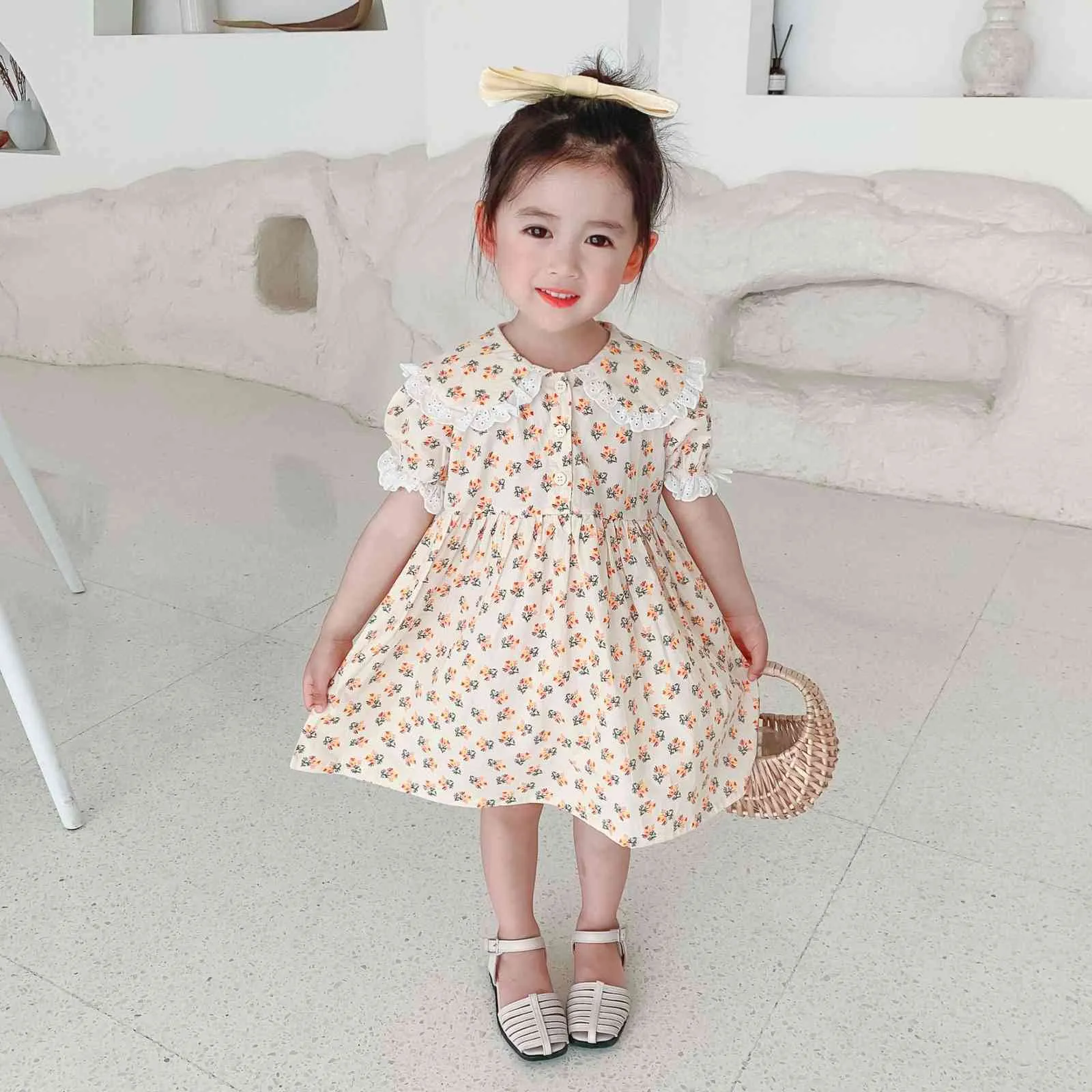 Meisjes jurk zomer modellen printen prinses witte kant schattige Koreaanse babykleding 210515