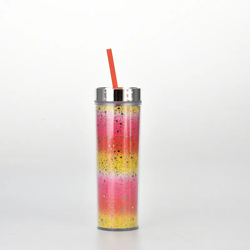 16oz skinny tumbler double-layer plastic straw cup summer party rainbow gradient glitter straight bottle for girls women