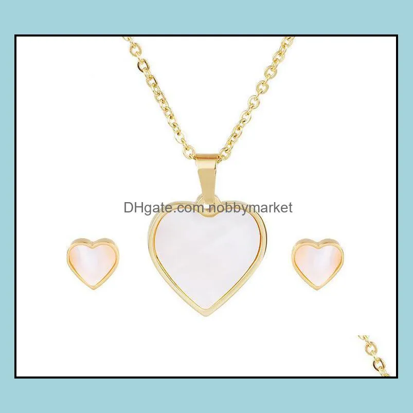 Earrings & Necklace Women Stainless Steel Dubai Gold Silver Color Shell Love Heart Pendant Jewelry Set Fashion Accessory