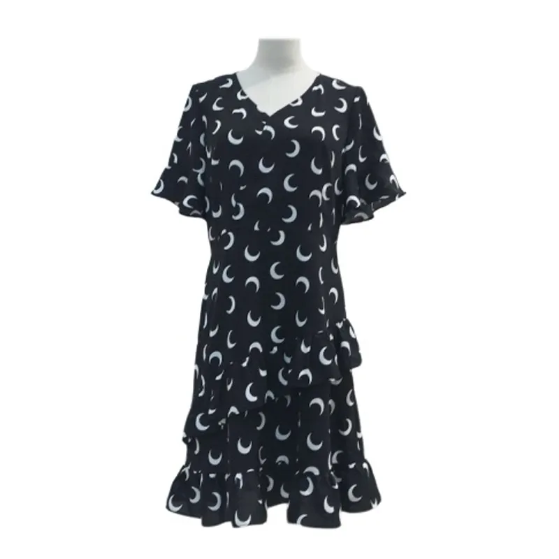Moon Print Dress Dames V-hals Chiffon Korte Mouw Mini Black White D1264 210514