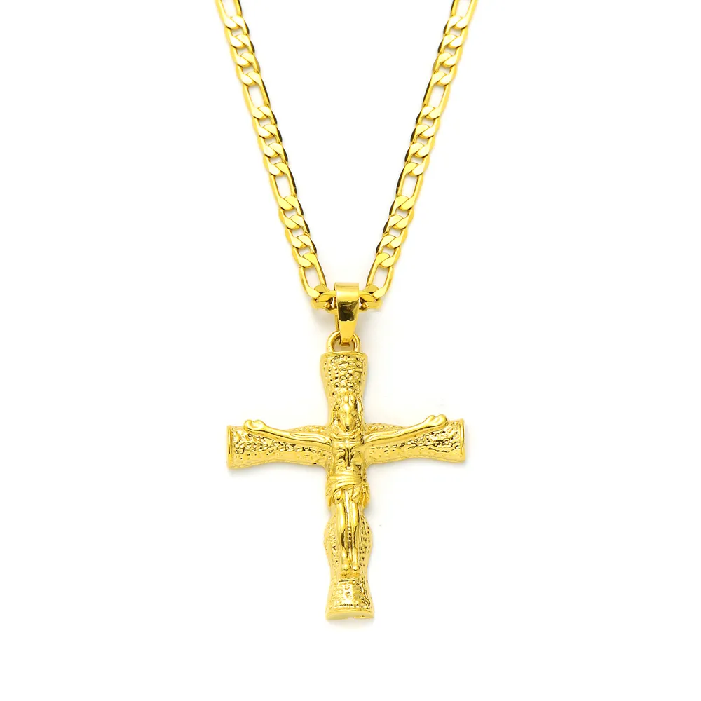 14k Solid Gold GF 3mm Italian Figaro Link Chain Necklace 24" Jesus Crucifix Cross Pendant Womens Mens