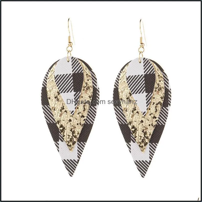 S1900 Hot Fashion Jewelry PU Leather Earrings Three Layers Geometric Plaid Sequins Faux Leather Earrings