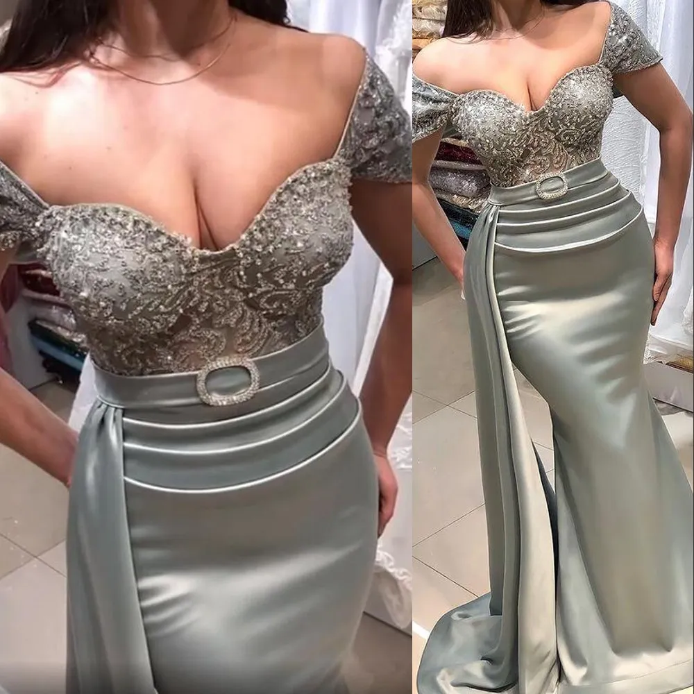 2023 Sexy Bling Mermaid Evening Dresses Wear Off Shoulder Illusion Sweetheart Silver Crystal Beading Gray Party Prom Gowns Sweep Train