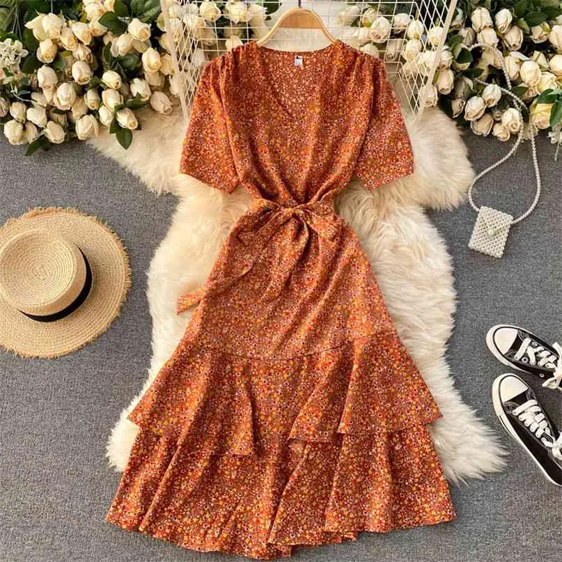 Frauen Sommerkleid Französisch Stil Blumendruck V-Ausschnitt Kurzarm Schärpe Schnürung A-Linie Rüschen Casual Weiblich Täglich 210603