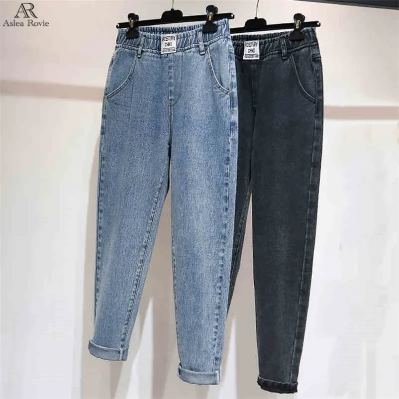 Boyfriend-Jeans für Frauen, hohe Taille, Übergröße, Weichmacher, volle Länge, Denim-Haremshose, Retro, Blau, Grau, 4XL 5XL 210322