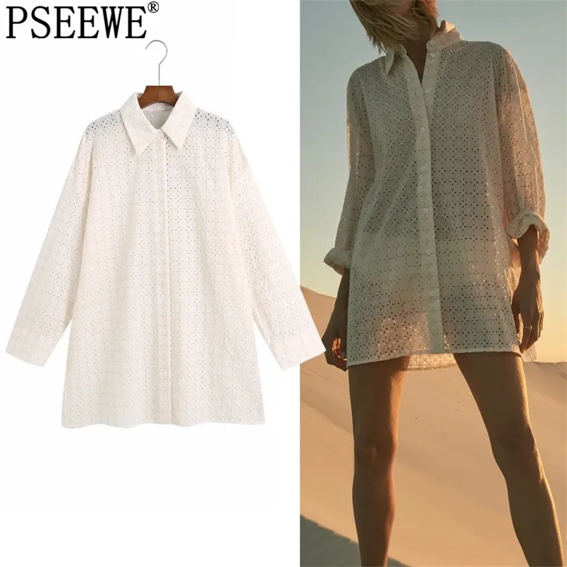 Bordado Camisa Longa Mulheres Recorte Oversize Verão Top Mulher Semi Sheer Button Up Blusa Vintage 210519