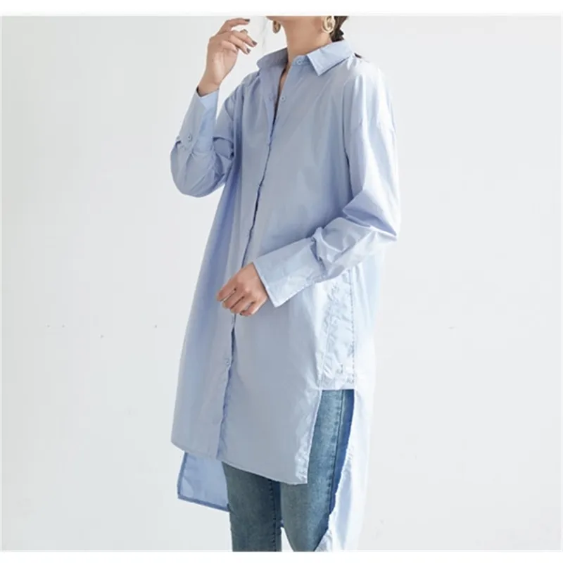 S-2XL Plus Taille Bleu Chemise à manches longues Robe Automne Blanc Coton Robes Col Boutons Lâche Robe Femme Robe 210423