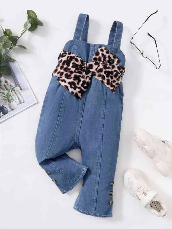 Baby Leopard Print Bow Front Fake Button Denim Overaller Hon