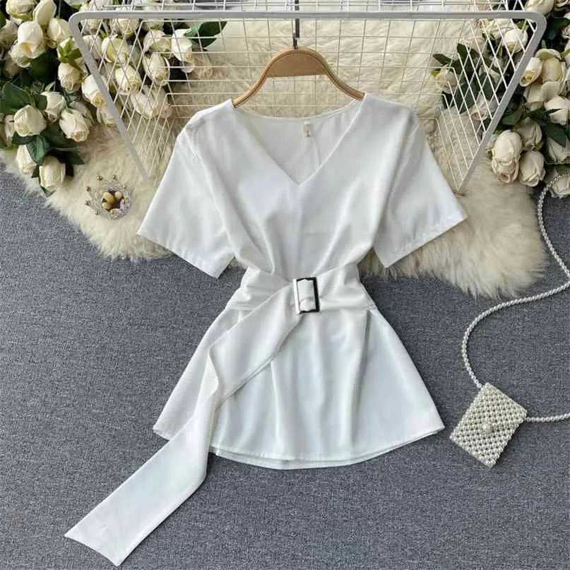 Женская рубашка белый черный с коротким рукавом V-образным вырезом летняя блузка корейская мода пояса вскользь повседневная работа офис носить вершины 210603