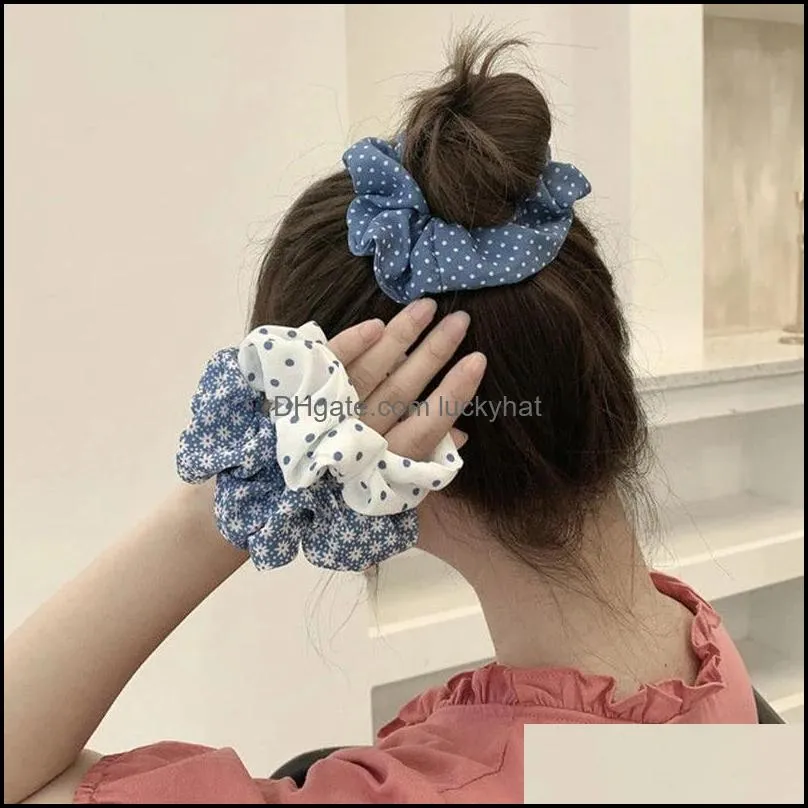 Korea Polka Dot Plaid Stretchy Scrunchies Hair Ties Daisy Print Hair Rope Blue Series Women Girls Ponytail Holder Hair Accessory